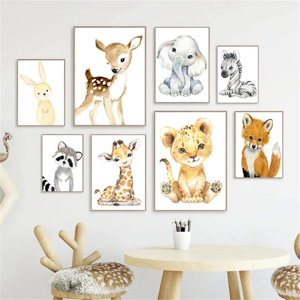 Baby Nursery Frames - ภาพพิมพ์ไม่มีกรอบ ภาพสัตว์น่ารักสำหรับตกแต่งห้องเด็ก ภาพวาดบนผ้าใบ โปสเตอร์และภาพพิมพ์ลายสิงโต ช้าง สุนัขจิ้งจอก