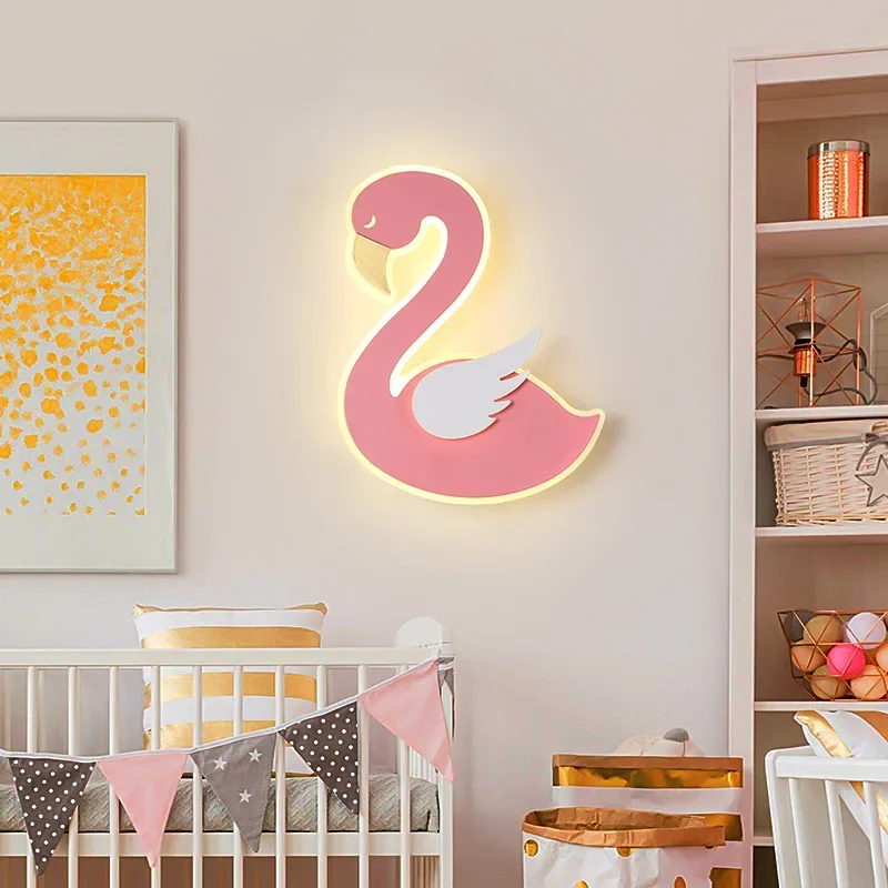 Baby Nursery Light Fixture - โคมไฟติดผนัง LED รูปนกฟลามิงโก, โคมไฟติดผนังโลหะสไตล์นอร์ดิก, ไฟรูปสัตว์น่ารักสำหรับห้องนอนห้องรับประทานอาหาร, โคมไฟกลางคืนสำหรับเด็ก