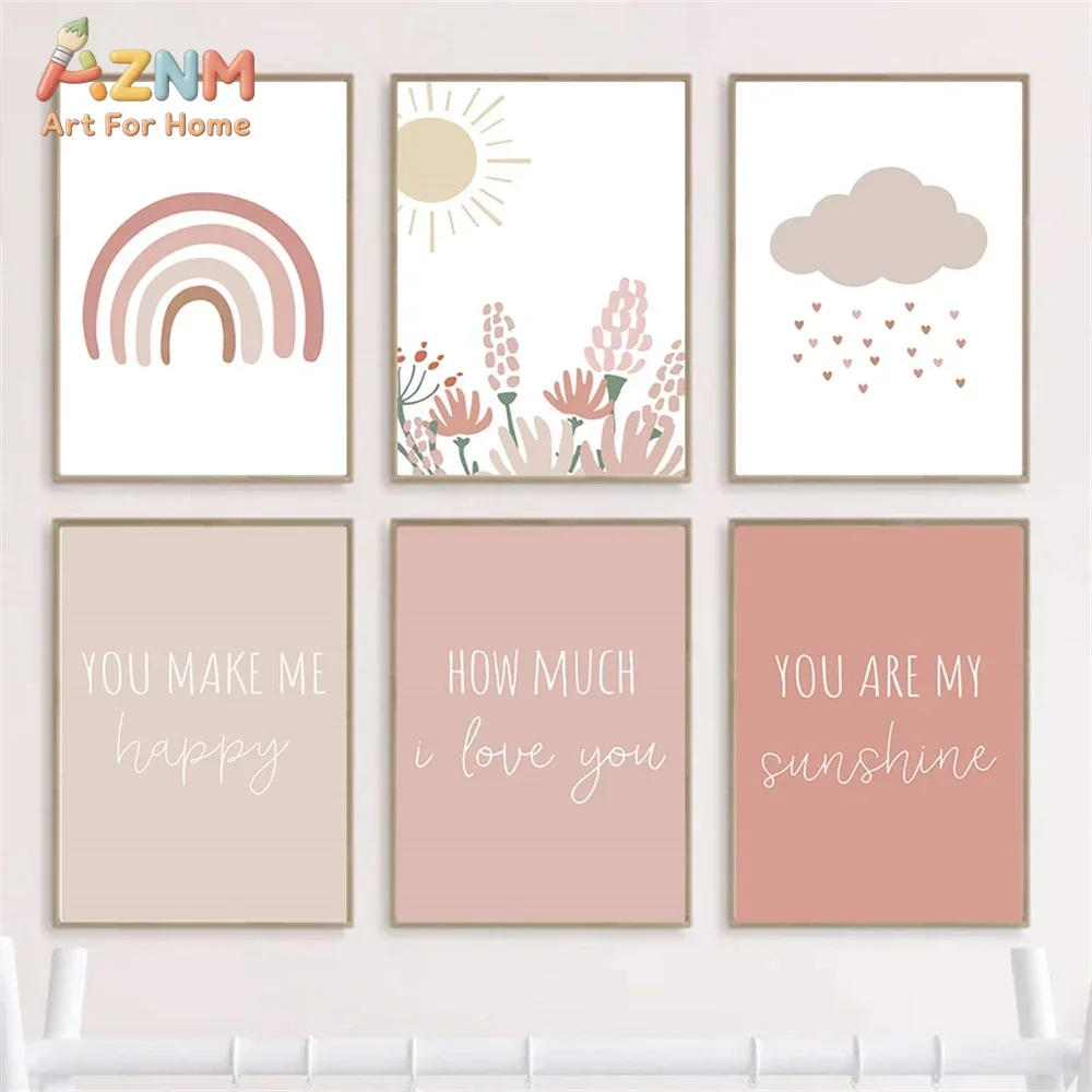 Baby Girl Nursery Quotes - AZNM ภาพพิมพ์แคนวาสติดผนังลายโบโฮ ดอกทานตะวัน รุ้ง สีชมพู เมฆ