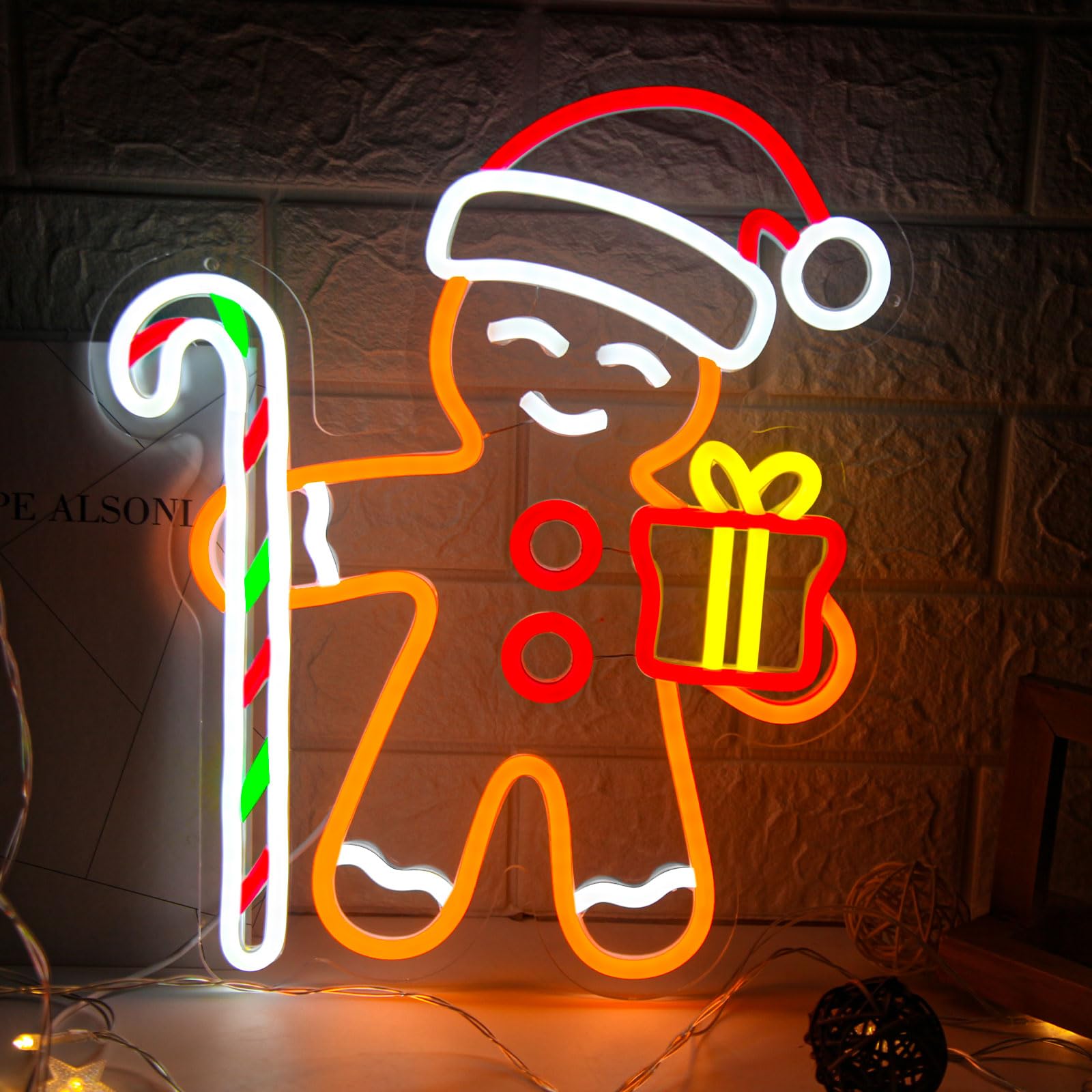 Baby Nursery Wall Lights - ป้ายไฟนีออนรูปคนขนมปังขิงสำหรับตกแต่งผนัง ไฟคริสต์มาสปรับความสว่างได้ เหมาะสำหรับห้องนั่งเล่น ห้องเด็ก งานปาร์ตี้วันหยุด ตกแต่งหน้าต่าง
