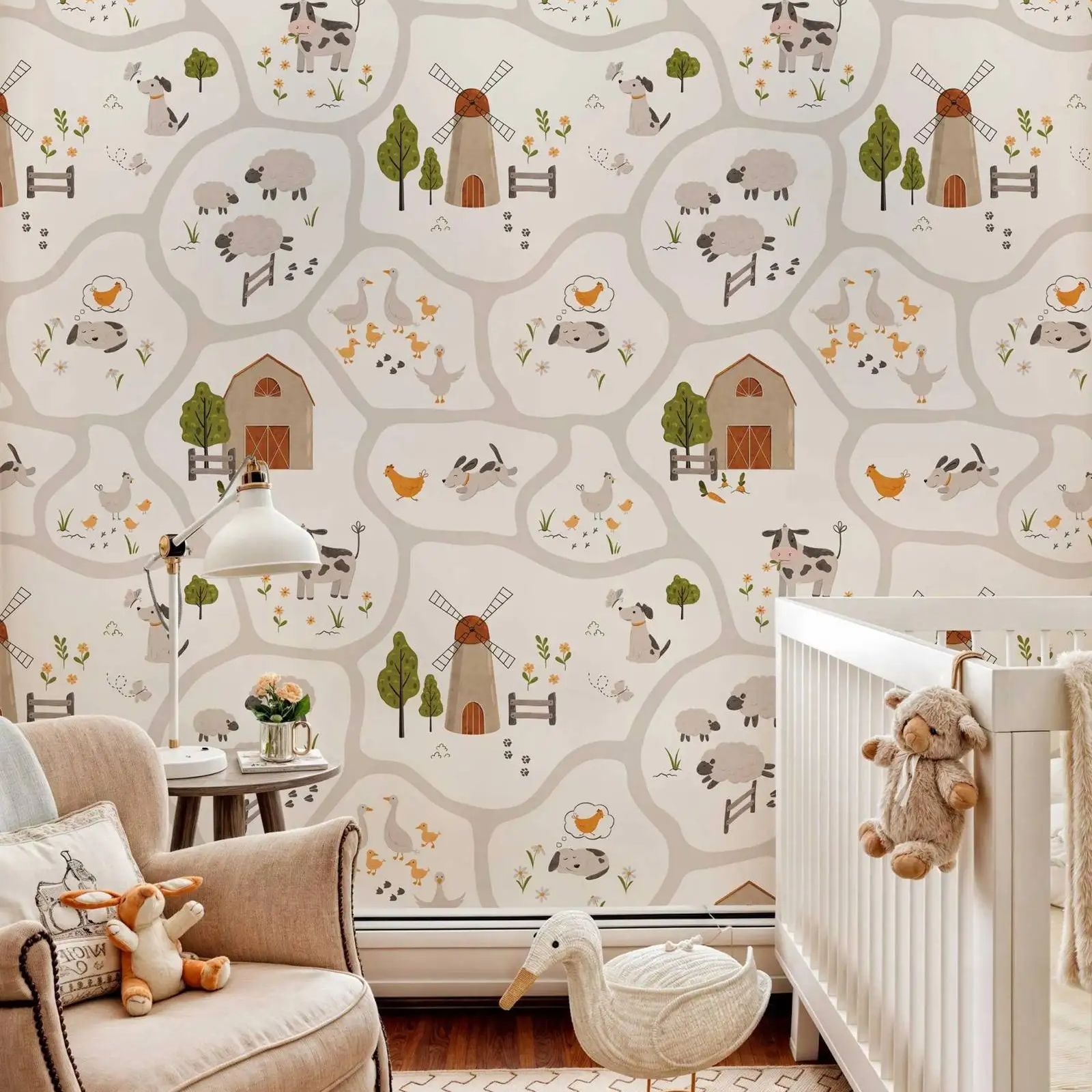 สัตว์ฟาร์นน่ารักเด็กวอลล์เปเปอ - Baby Nursery Peel And Stick Wallpaper บทวิจารณ์และราคา